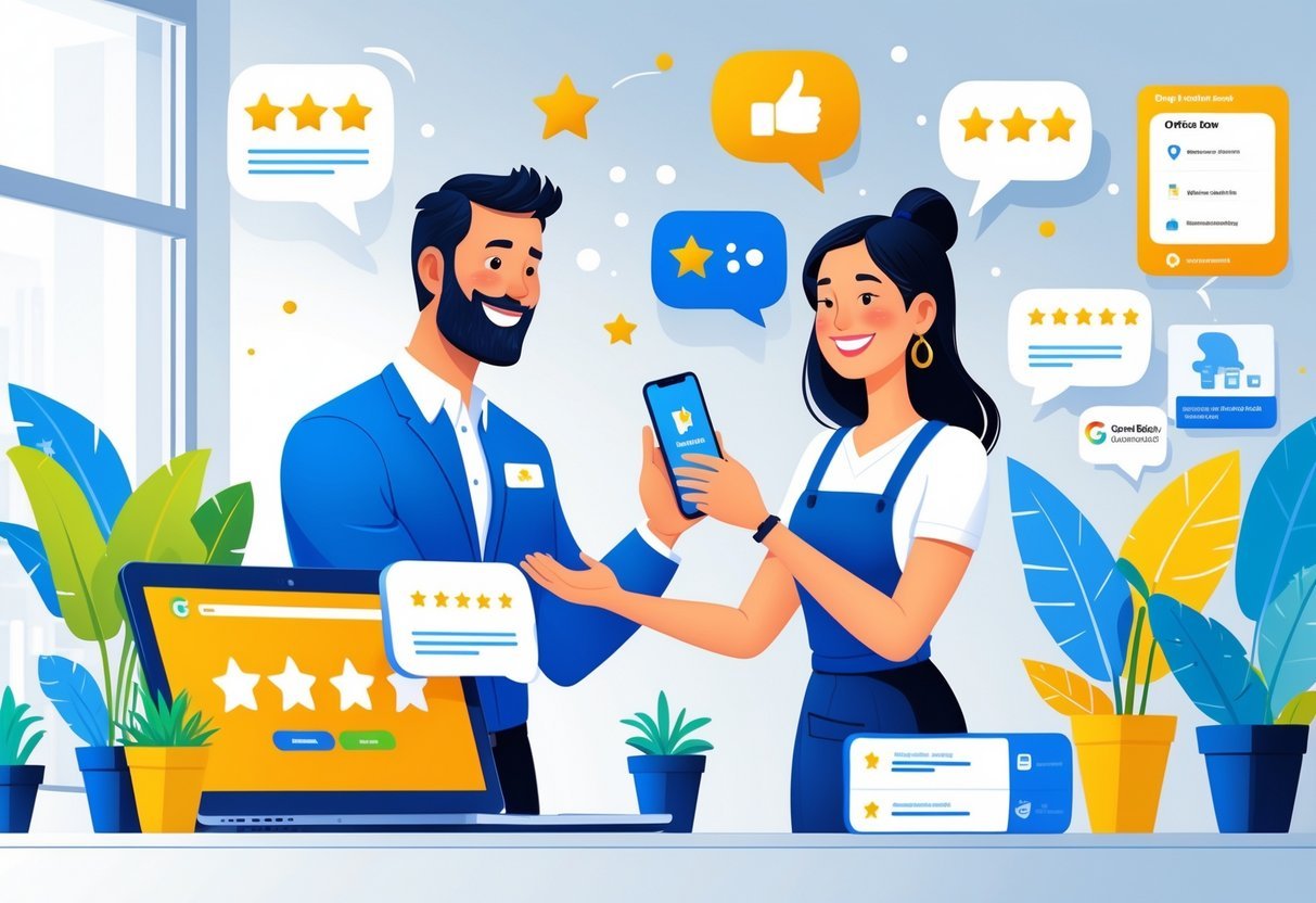 Een bedrijfseigenaar die een klant een smartphone geeft om een beoordeling achter te laten in een moderne kantooromgeving.