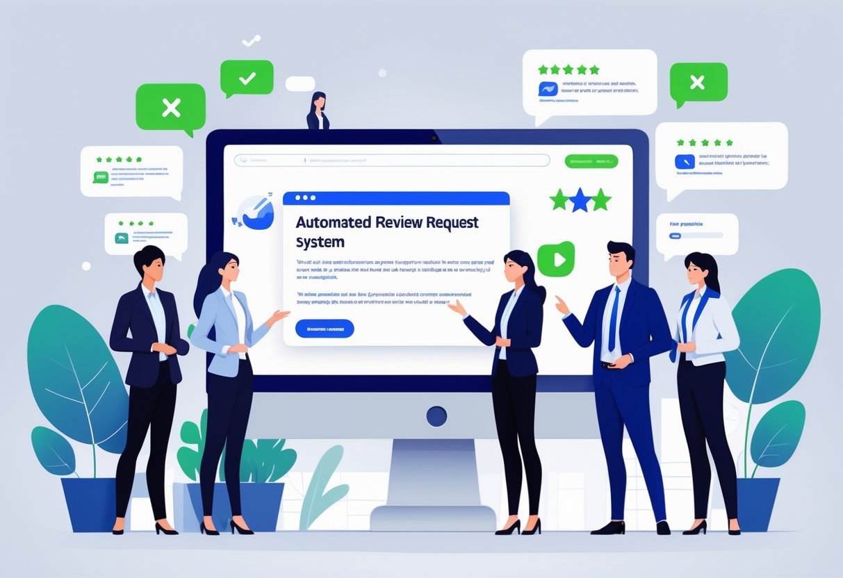 Een kantoor met een computer waarop automatisch reviewverzoeken worden verstuurd, omringd door mensen die samenwerken.