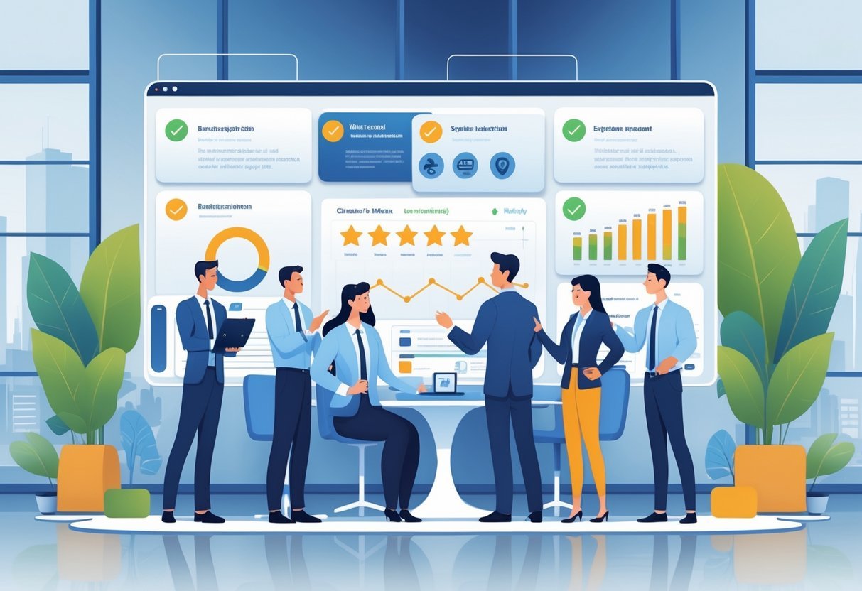 Een groep ondernemers die samenwerken in een kantoor met digitale schermen en grafieken om hun online reputatie te beheren.