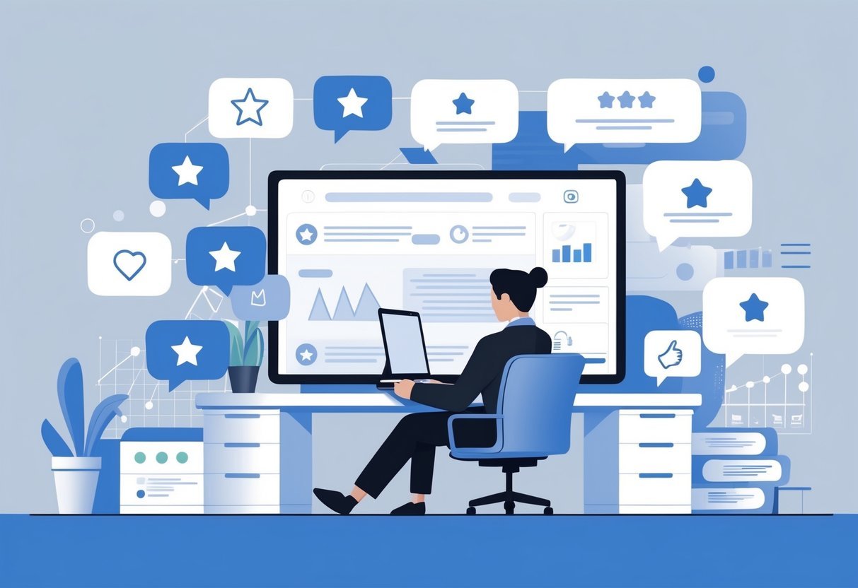 Een kantoorruimte met één werknemer die meerdere digitale beoordelingen beheert op een computerscherm, omringd door pictogrammen van sterren en chatbubbels.