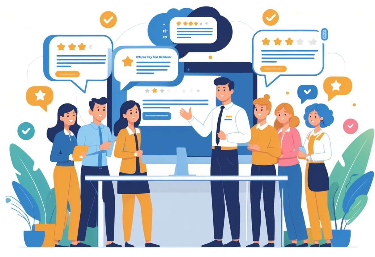 Een klantenservicemedewerker die met tevreden klanten praat in een kantooromgeving, met symbolen van positieve beoordelingen en feedback rondom hen.