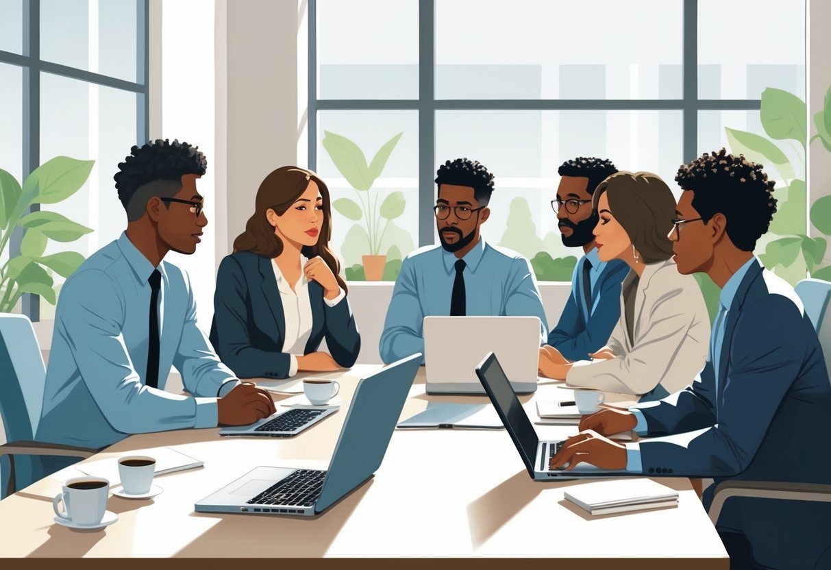 Een groep collega's bespreekt serieus en constructief een probleem in een kantooromgeving.