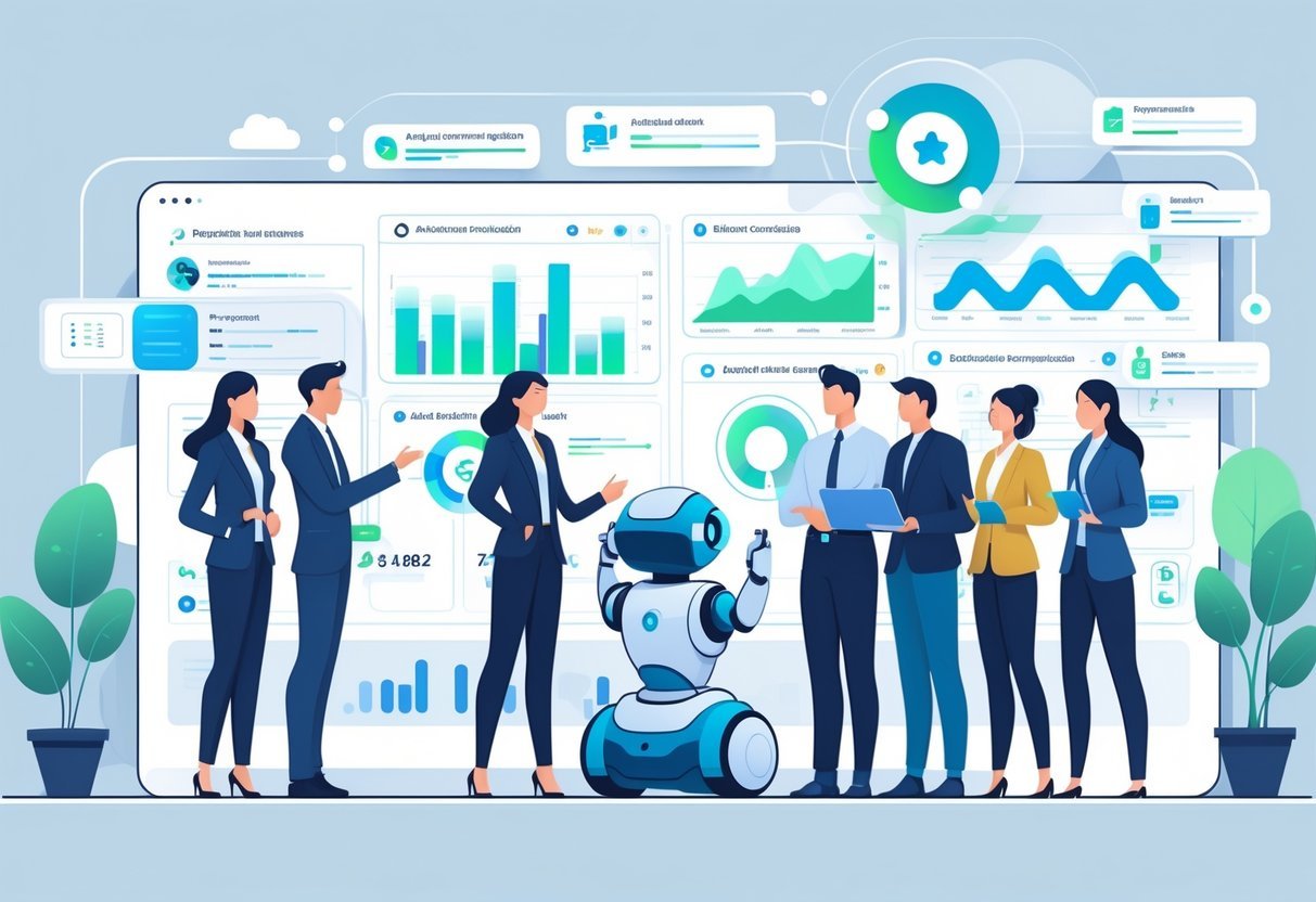 Een moderne kantoorruimte met een team dat samenwerkt rond een digitaal dashboard met grafieken en meldingen, terwijl een robotassistent hen helpt met automatisering.